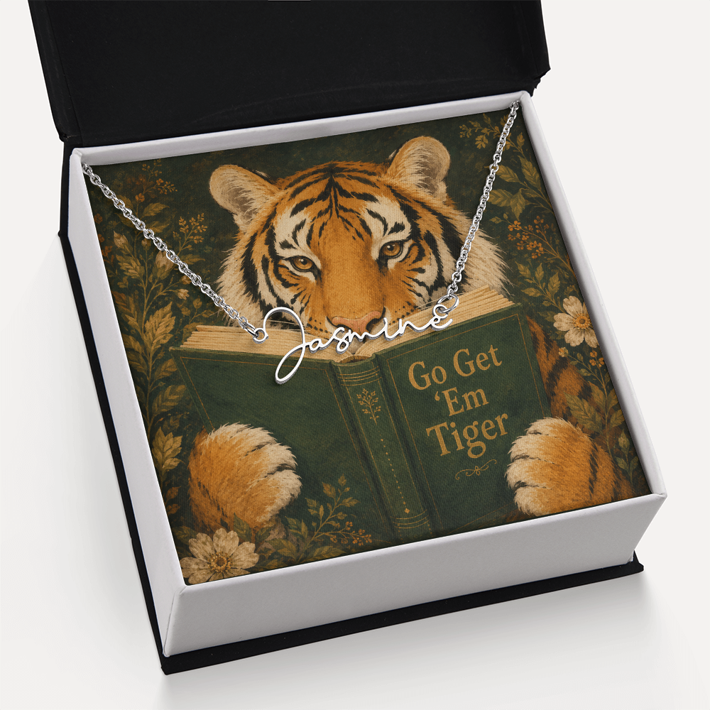 Motivational Tiger Reading Decorative Card And Custom Name Polished Stainless Steel Necklace With Box Book Lover Gift Font 2