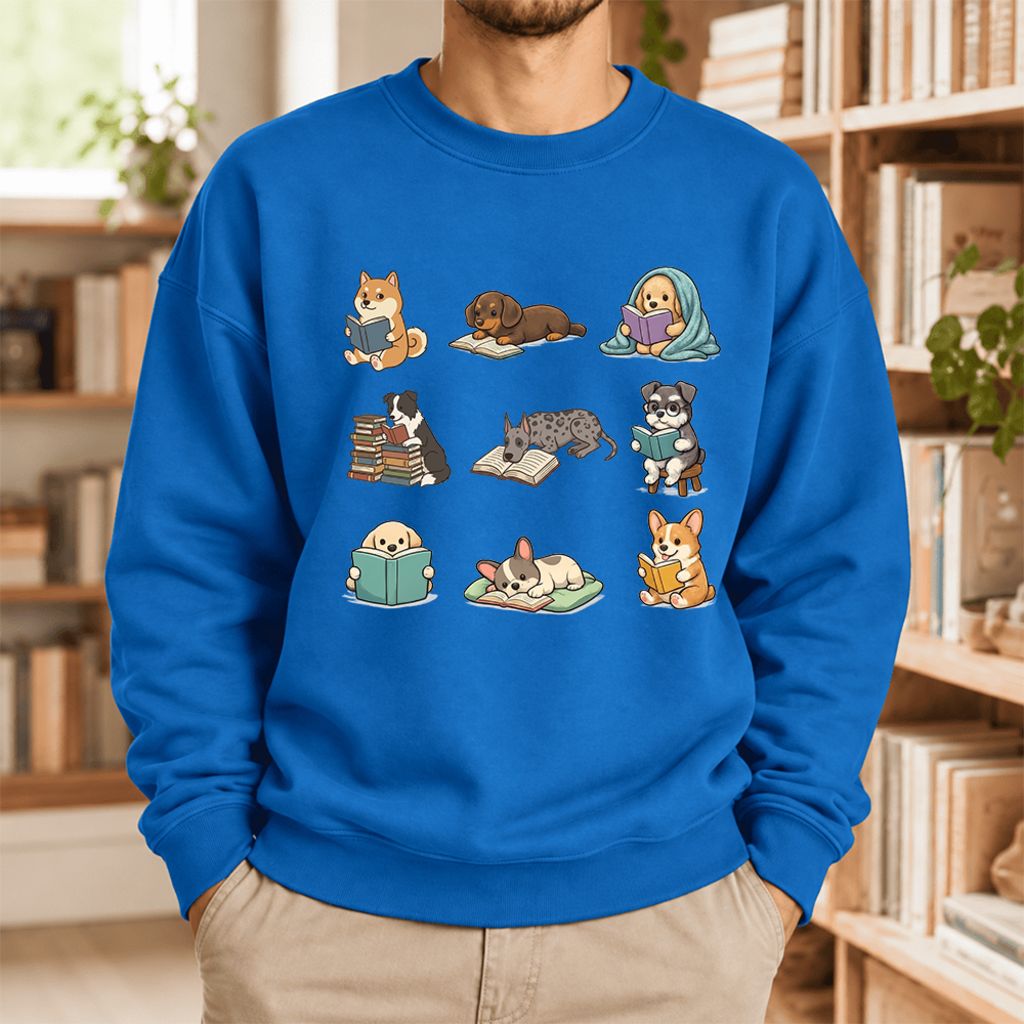 Funny Reading Dogs Embroidered Sweatshirt | Dog Mom Reader Gift Royal