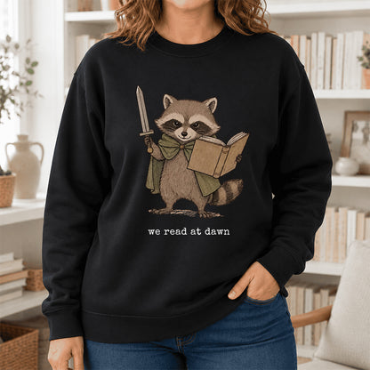 Raccoon We Read At Dawn Crewneck Sweatshirt | Reader Gift Black