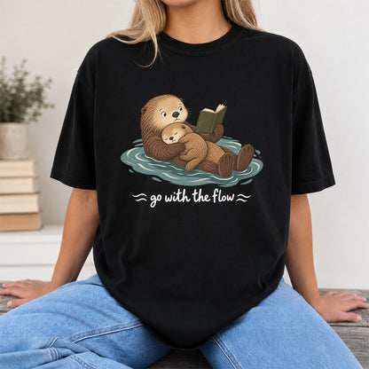 Go With The Flow Otter Reading Softstyle T-Shirt | Book Lover Gift Black