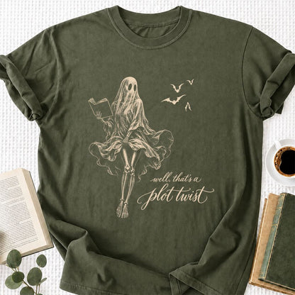 Funny Dress-Wearing Bookworm Ghost Printed T-Shirt | Halloween Book Lover Gift Military Green
