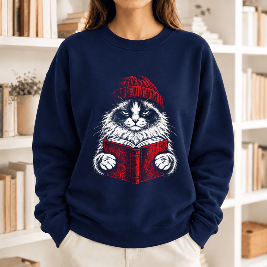 Vintage Reading Cat Ragdoll Softstyle Sweatshirt | Christmas Reader Gift Navy