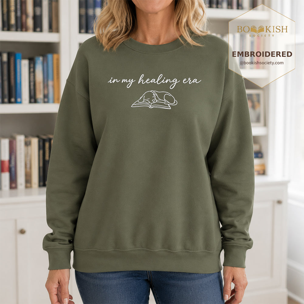 In My Healing Era Embroidered Sweatshirt | Dog Lover & Reader Gift Military Green