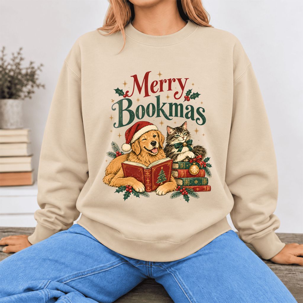 Merry Bookmas Softstyle Sweatshirt | Christmas Book Lover Gift Sand