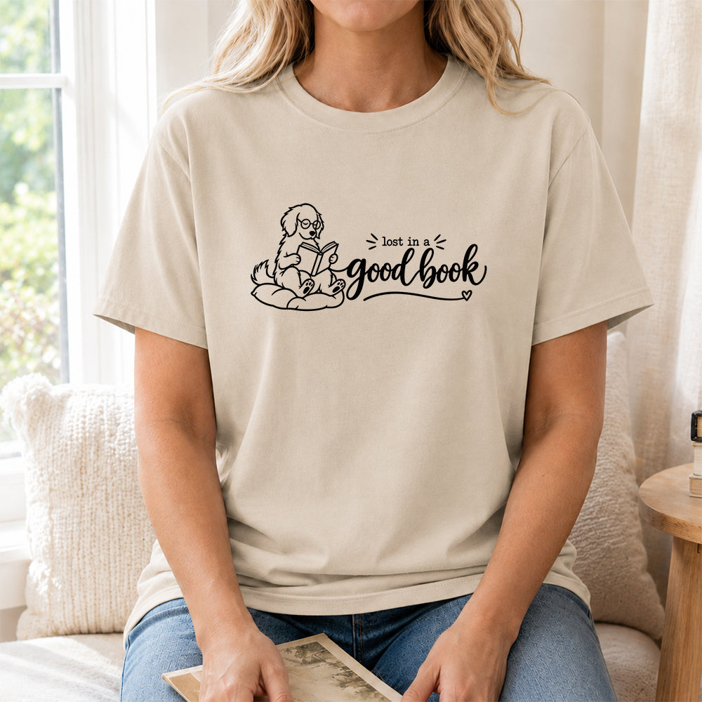 Lost In A Good Book Cotton T-Shirt | Dog & Book Lover Gift Sand