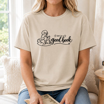Lost In A Good Book Cotton T-Shirt | Dog & Book Lover Gift Sand