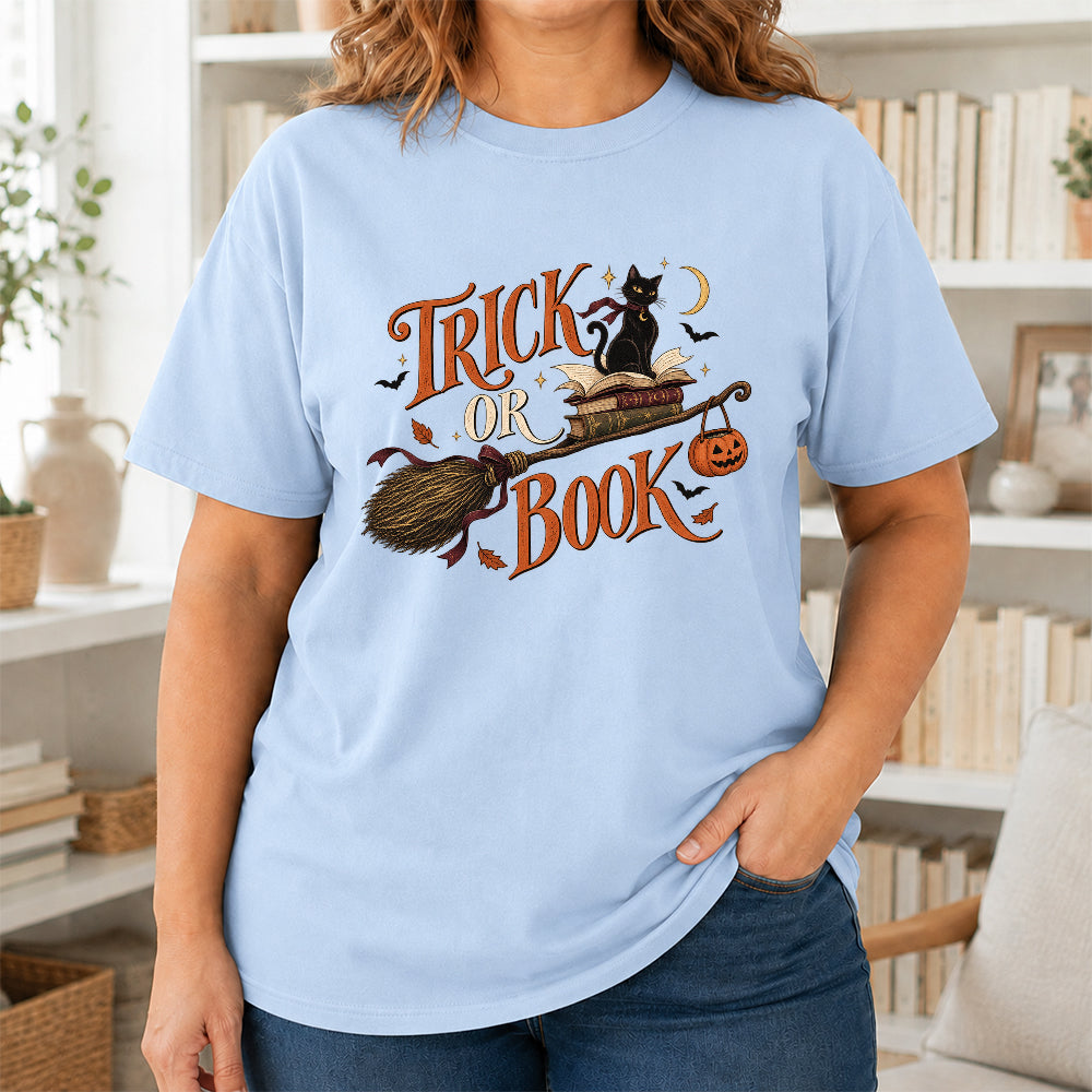 Trick Or Book Black Cat Printed T-Shirt | Halloween Book Lover Gift Light Blue