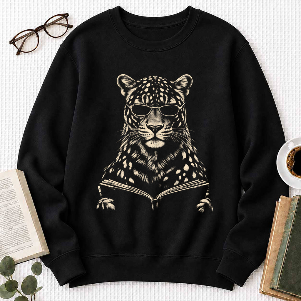 Leopard Reading Book Crewneck Sweatshirt | Reader Gift Black