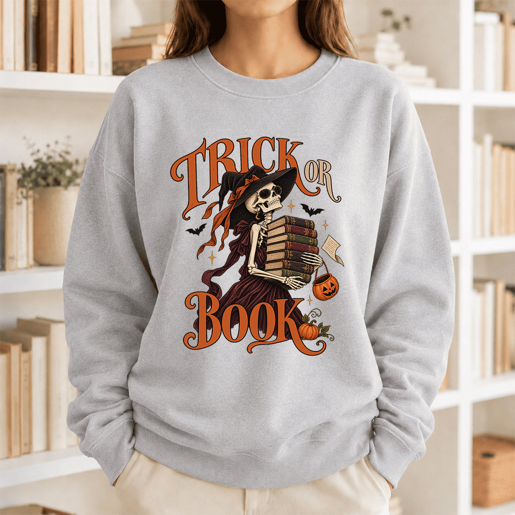 Trick Or Book Printed Sweatshirt | Halloween Book Lover Gift Sport Grey