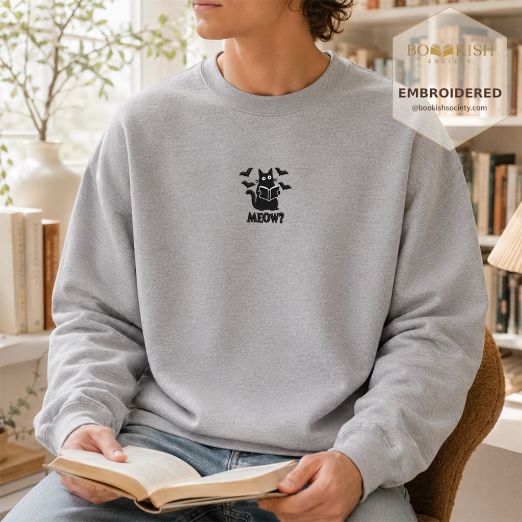 Halloween Meow Embroidered Sweatshirt | Spooky Book Lover Gift Sport Grey