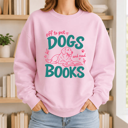 Off To Pet Dogs And Read Books Crewneck Sweatshirt | Dog Lover & Reader Gift Light Pink