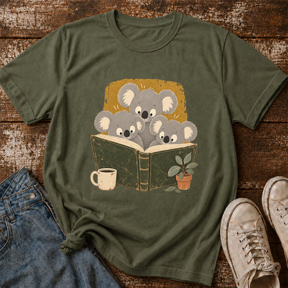 Minimal Japanese Koalas Reading Softstyle T-Shirt | Book Lover Gift Military Green
