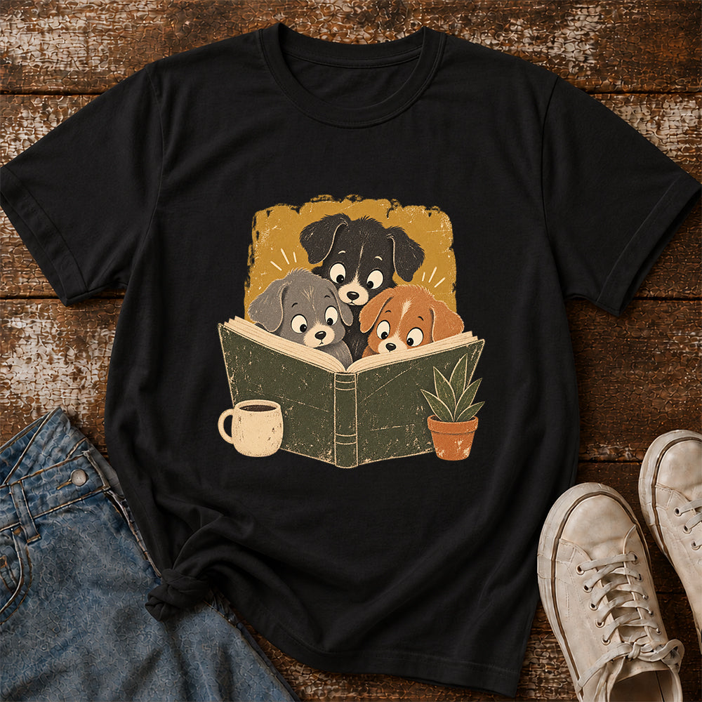 Minimal Japanese Dogs Reading Softstyle T-Shirt | Book Lover Gift Black