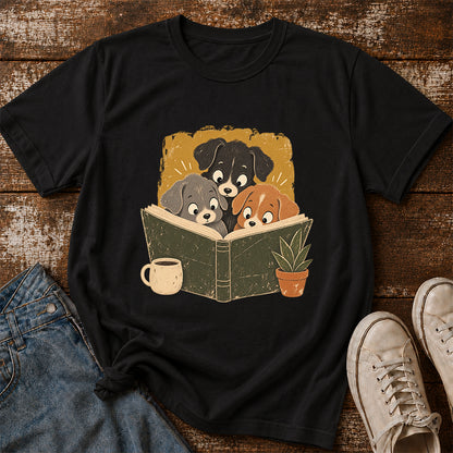 Minimal Japanese Dogs Reading Softstyle T-Shirt | Book Lover Gift Black