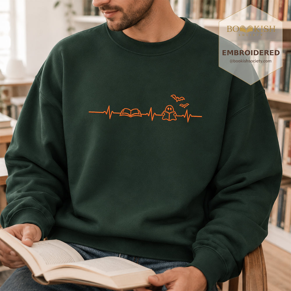 Reading Heartbeat Embroidered Sweatshirt | Spooky Halloween Book Lover Gift Forest Green