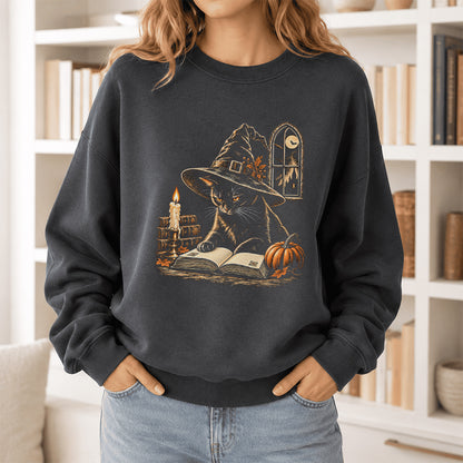 Reading Black Cat Witch Printed Sweatshirt | Halloween Book Lover Gift Dark Heather