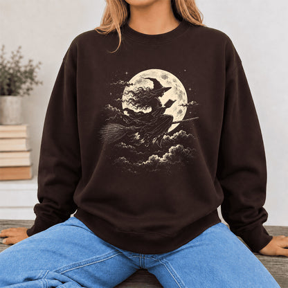 Reading Witch On The Flying Broom Printed Sweatshirt | Halloween Reader Gift Dark Chocolate