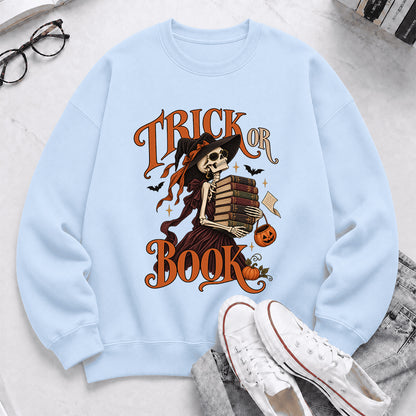 Trick Or Book Printed Sweatshirt | Halloween Book Lover Gift Light Blue