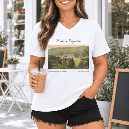 Pemberley House Pride And Prejudice Ultra-Soft V-Neck | Classic Literature Reader Gift White