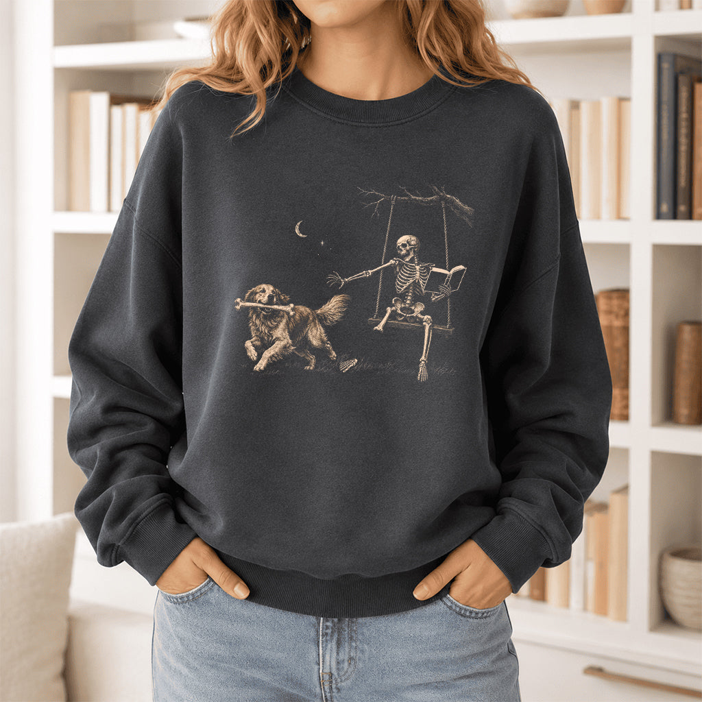 Funny Reading Book With Golden Retriever Printed Sweatshirt | Halloween Dog Lover & Reader Gift Dark Heather