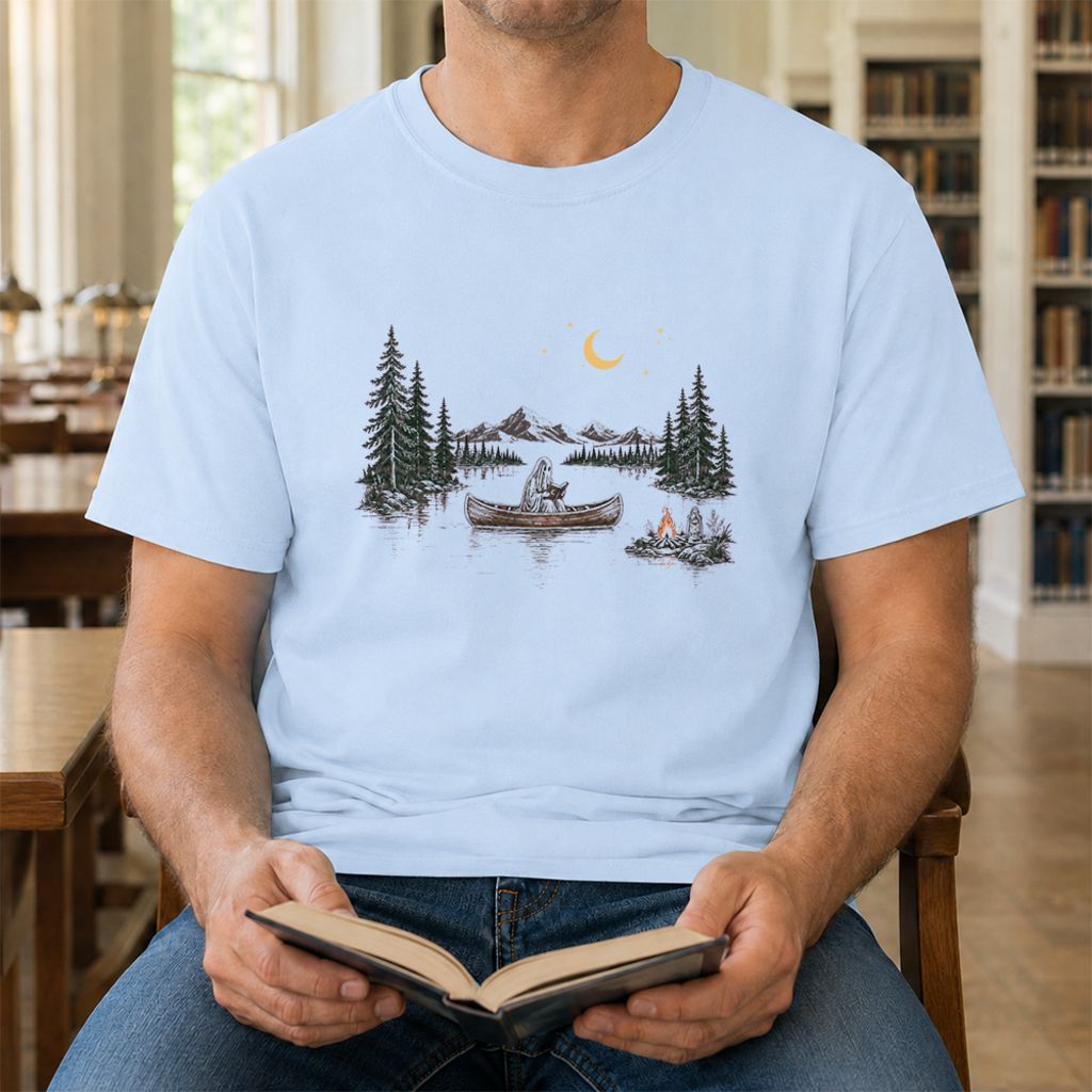 Reading Ghost On The Boat Printed T-Shirt | Spooky Book Lover Gift Light Blue