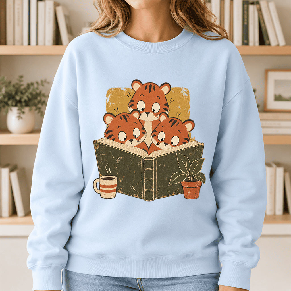 Minimal Japanese Tigers Reading Crewneck Sweatshirt | Reader Gift Light Blue