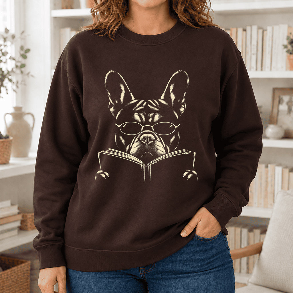 French Bulldog Reading Book Crewneck Sweatshirt | Reader Gift Dark Chocolate