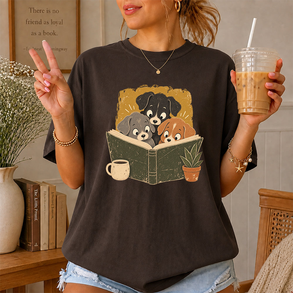 Minimal Japanese Dogs Reading Softstyle T-Shirt | Book Lover Gift Dark Chocolate