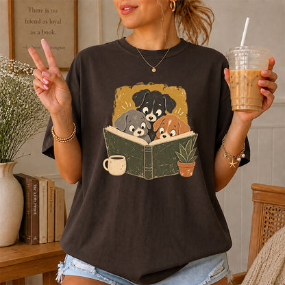 Minimal Japanese Dogs Reading Softstyle T-Shirt | Book Lover Gift Dark Chocolate