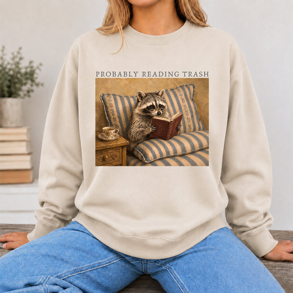 Probably Reading Trash Racoon Crewneck Sweatshirt | Reader Gift Sand