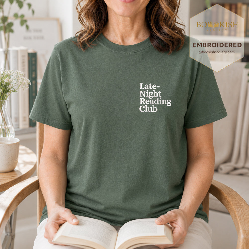 Late Night Reading Club Embroidered Comfort Color® T-shirt | Book Lover Gift Moss