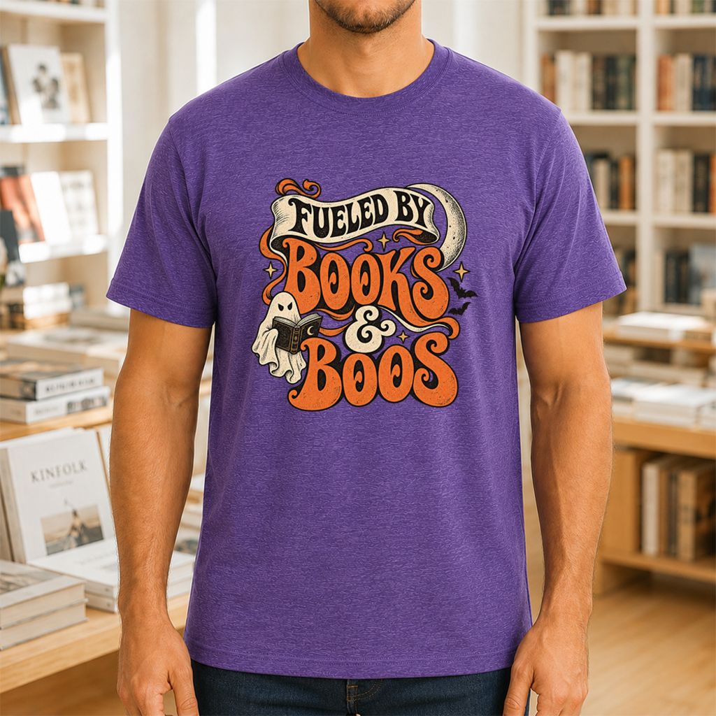 Fueled By Books & Boos Printed T-Shirt | Halloween Book Lover Gift Heather Purple
