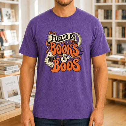 Fueled By Books & Boos Printed T-Shirt | Halloween Book Lover Gift Heather Purple