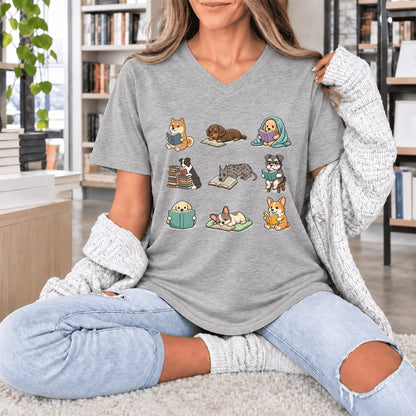 Funny Reading Dogs Ultra-Soft V-Neck | Dog Mom Reader Gift Athletic Heather