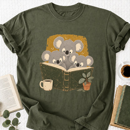 Minimal Japanese Koalas Reading Softstyle T-Shirt | Book Lover Gift Military Green