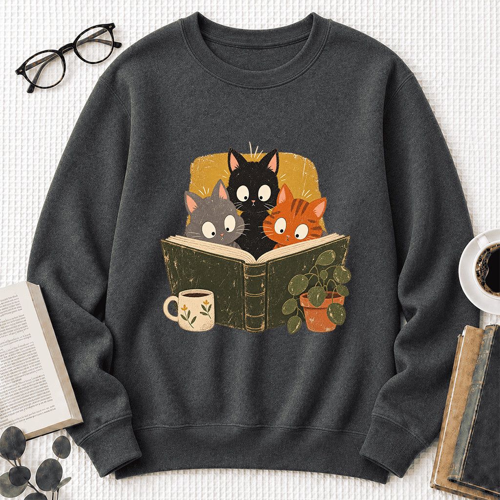 Minimal Japanese Cats Reading Crewneck Sweatshirt | Reader Gift Dark Heather