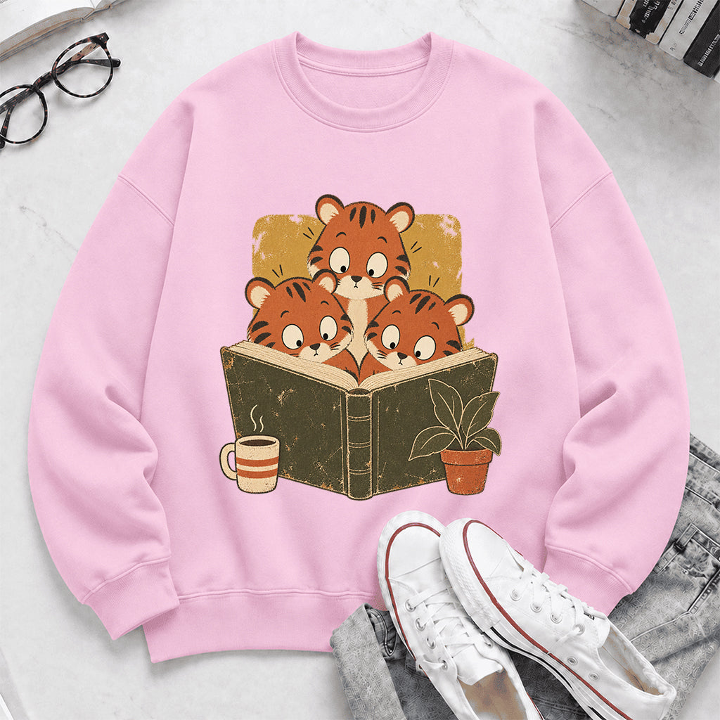Minimal Japanese Tigers Reading Crewneck Sweatshirt | Reader Gift Light Pink