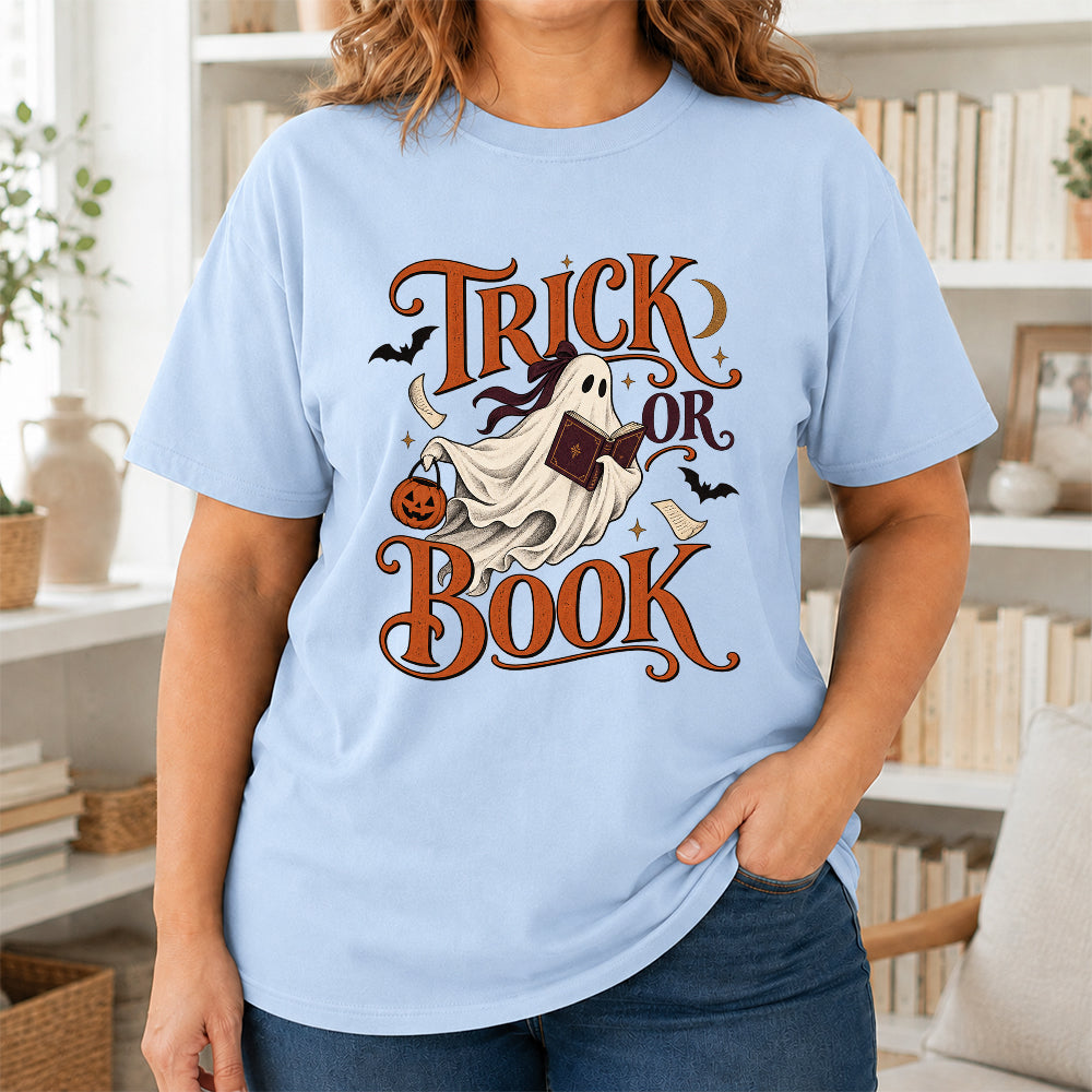Trick Or Book Ghost Printed T-Shirt | Halloween Book Lover Gift Light Blue