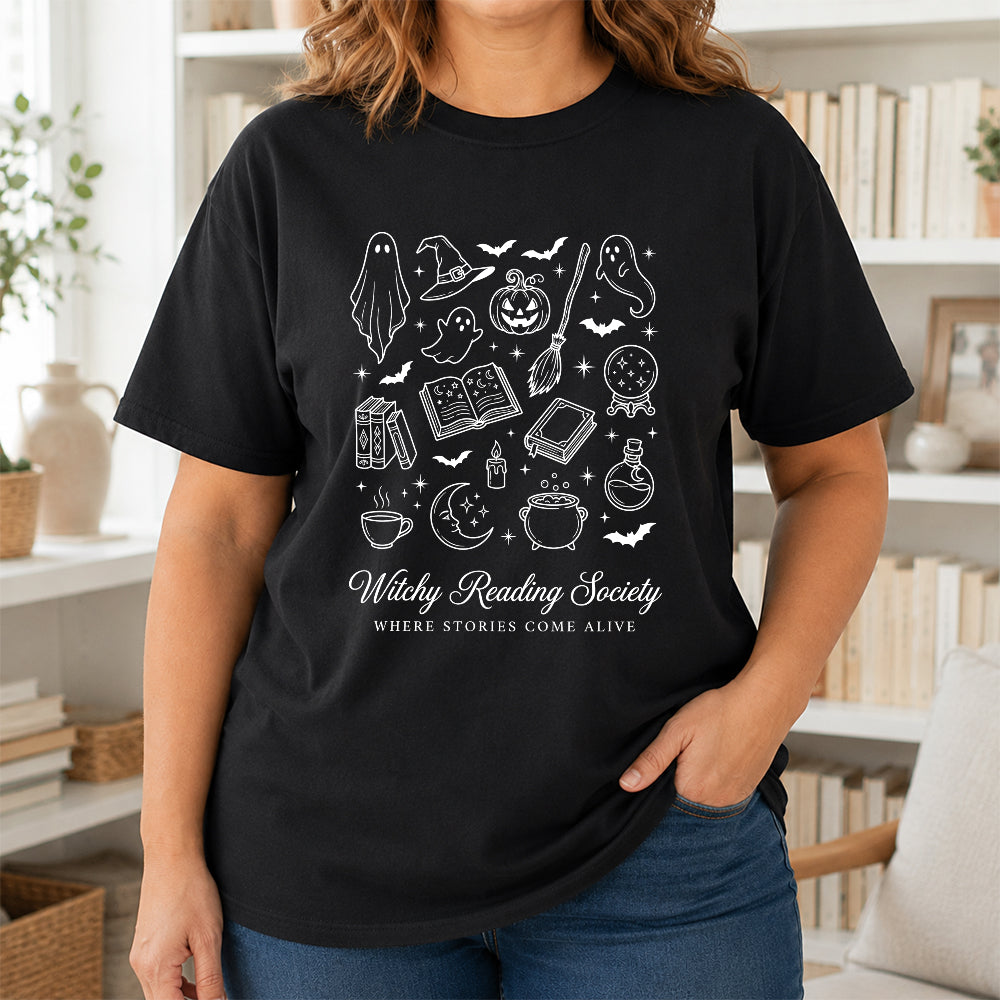 Witchy Reading Society Printed T-Shirt | Halloween Reader Gift Black
