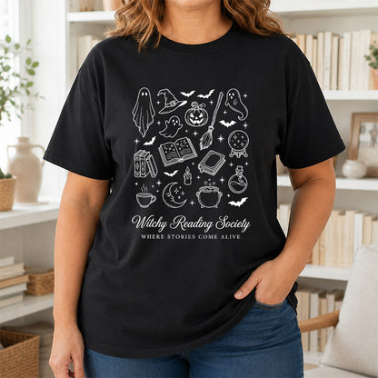 Witchy Reading Society Printed T-Shirt | Halloween Reader Gift Black