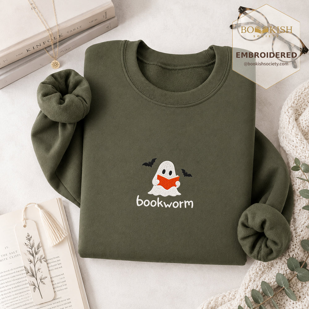 Bookworm Embroidered Sweatshirt | Halloween Book Lover Gift Military Green