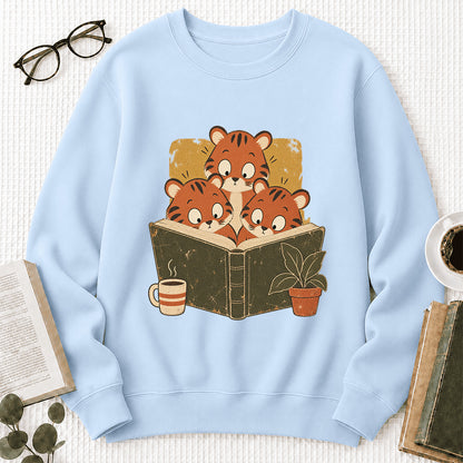 Minimal Japanese Tigers Reading Crewneck Sweatshirt | Reader Gift Light Blue