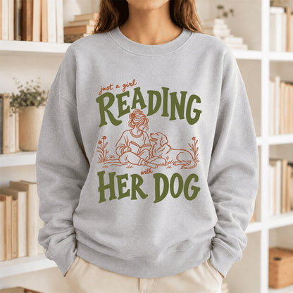 Just A Girl Reading With Her Dog Crewneck Sweatshirt | Reader Gift Sport Grey