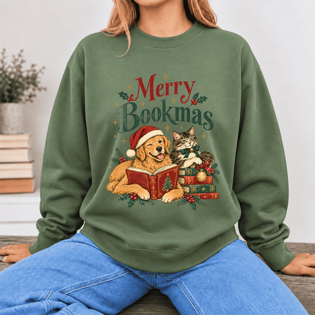 Merry Bookmas Softstyle Sweatshirt | Christmas Book Lover Gift Military Green