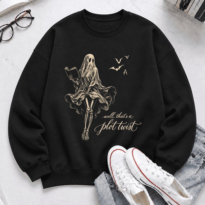 Funny Dress-Wearing Bookworm Ghost Printed Sweatshirt | Halloween Reader Gift Black