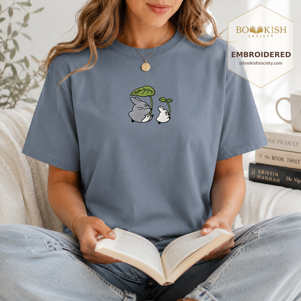 Embroidered Forest Spirits and Flowers Comfort Color® T-shirt Book Lover Gift Blue Jean