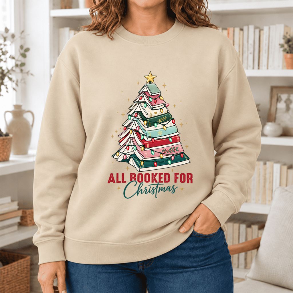 All Booked For Christmas Softstyle Sweatshirt | Christmas Book Lover Gift Sand