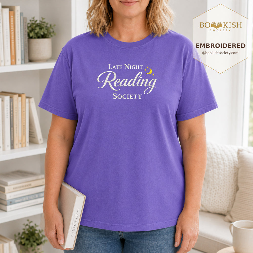 Late Night Reading Society Embroidered Comfort Color® T-shirt | Book Lover Gift Violet