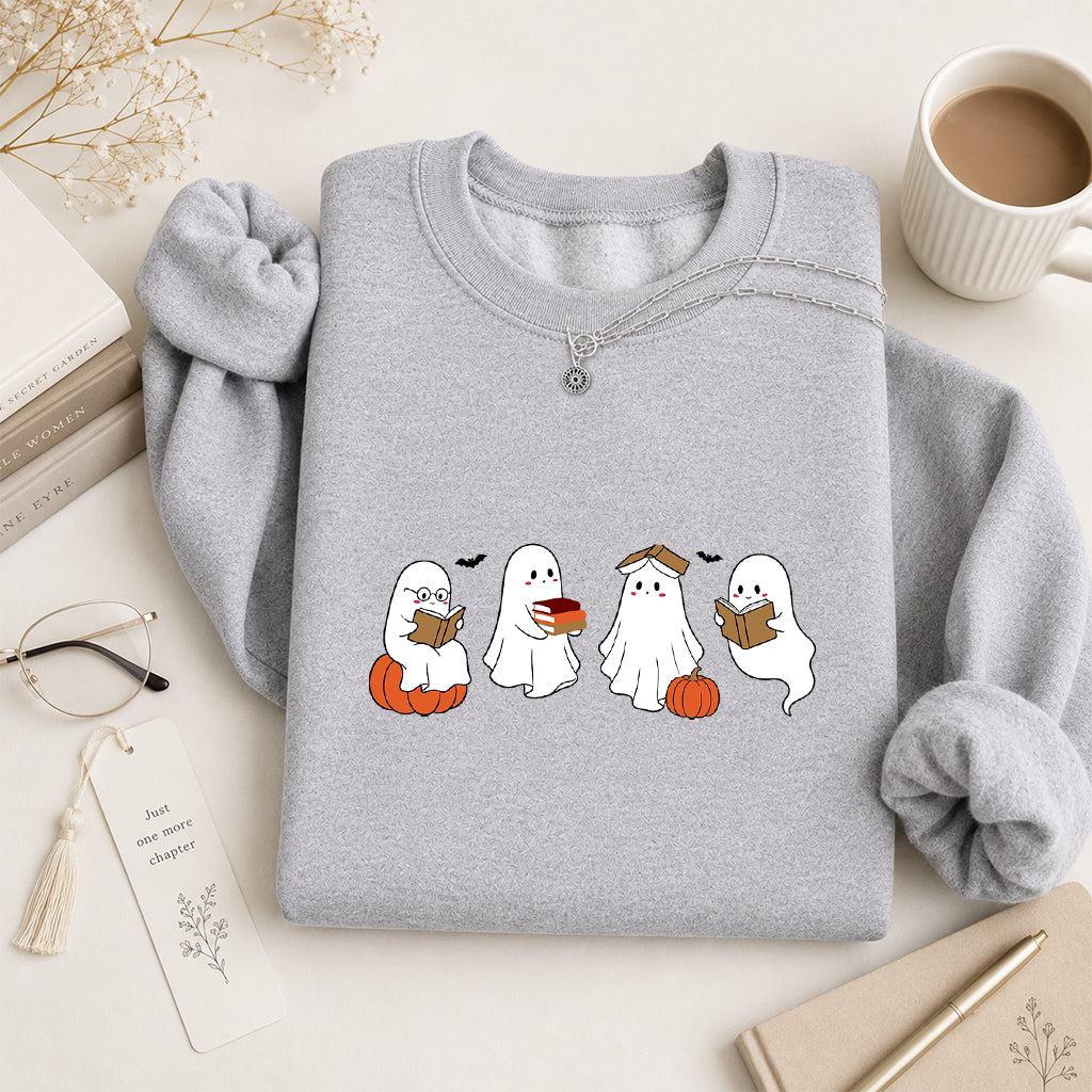 Halloween Ghosts Reading Printed Sweatshirt | Spooky Book Lover Gift Sport Grey