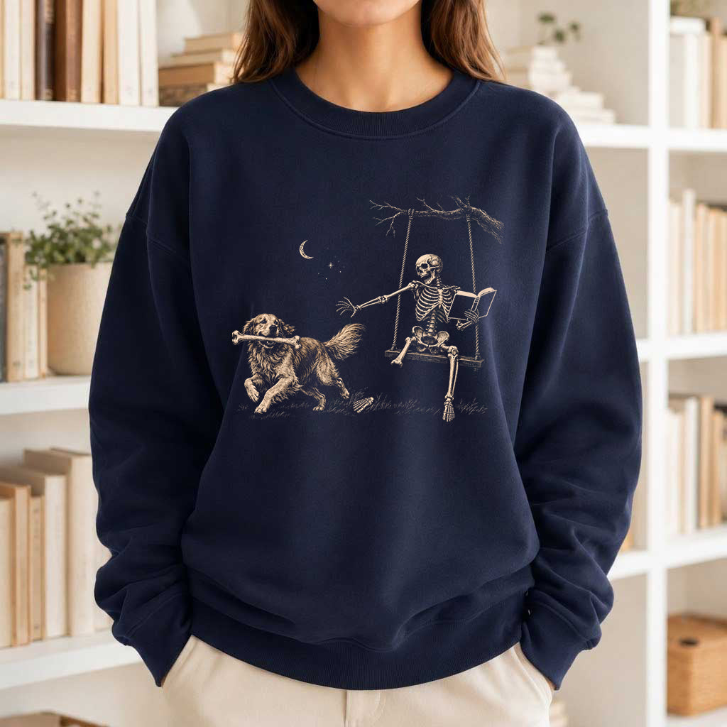 Funny Reading Book With Golden Retriever Printed Sweatshirt | Halloween Dog Lover & Reader Gift Navy